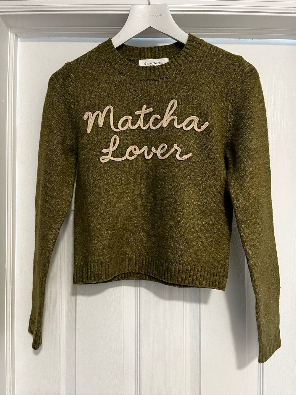 stradivarius Olive Green "Matcha Lover" Appliqué Crewneck Sweater